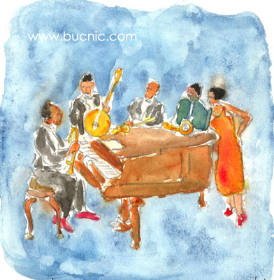 Nicola Bucci -Bucnic-: jazz water colours - acquerelli jazz. Armstrong, Billie Holiday, Monk, Miles Davis, Chet Baker, John Coltrane, Charlie parker, Clifford Brown, Dizzie Gillespie, Ella Fitzgerald...
